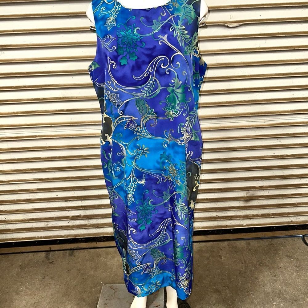Vintage Koret sheath lined maxi dress shades of blue with gold accent floral - Picture 2 of 8